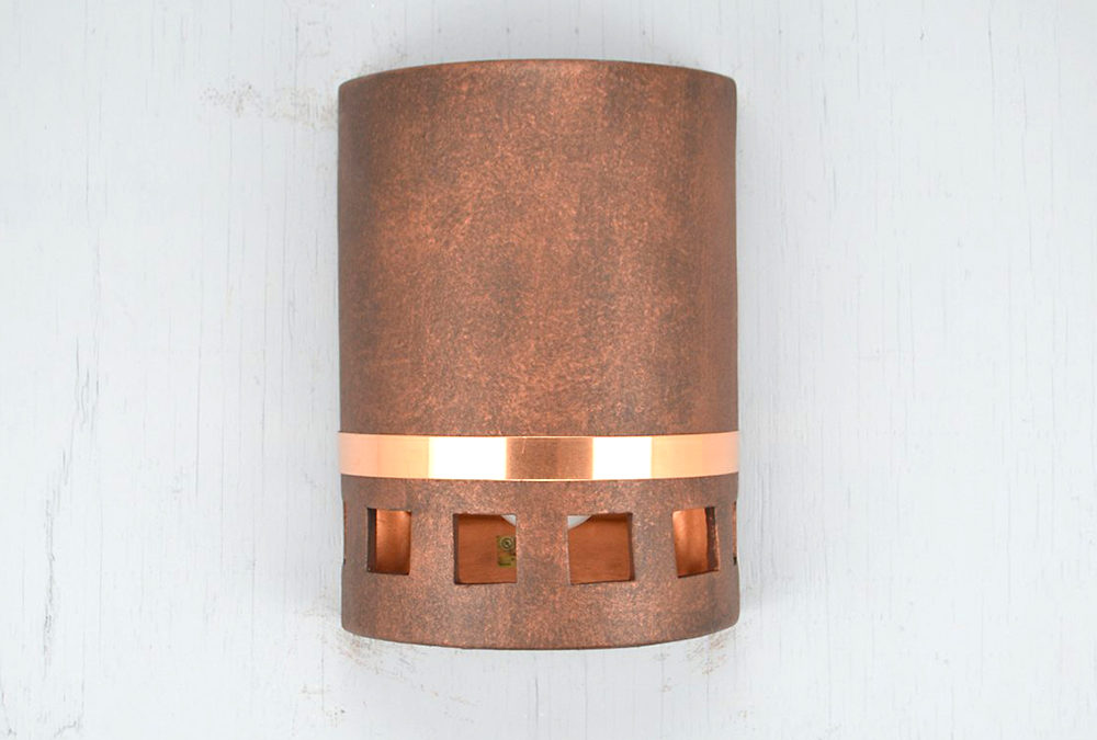 Wall Light-Squares Border-Open Top ADA Low Profile Half Round-Copper Band-Antique Copper-Indoor-Outdoor
