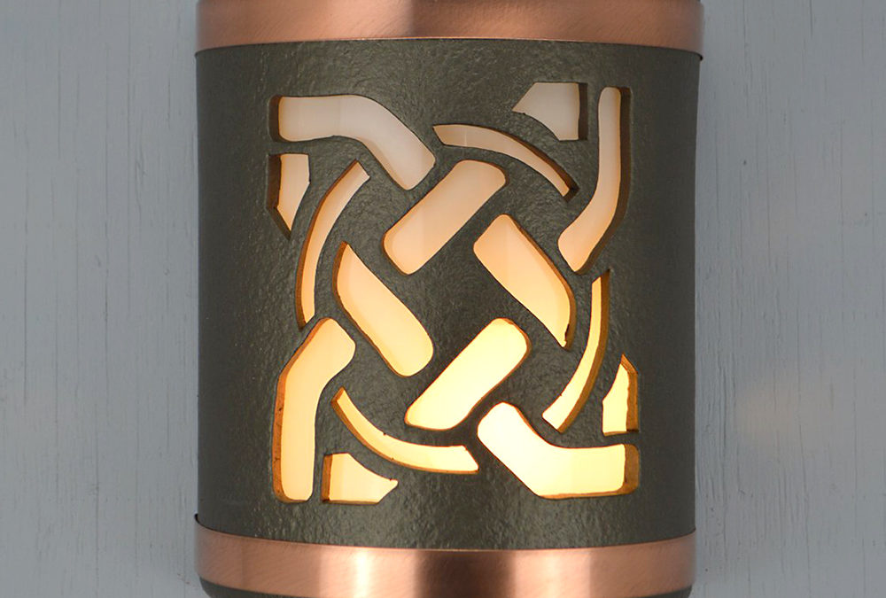 Wall Light-Celtic Circle-Open Top Half Round-Anodized Bronze-Brushed and Sealed Copper Bands-Indoor-Outdoor