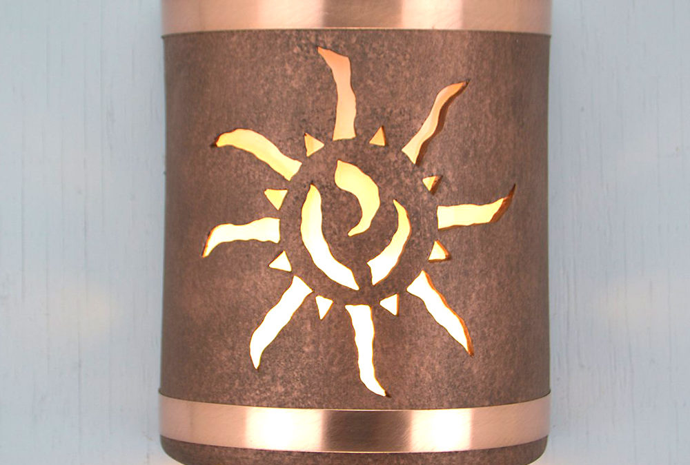 Wall Light-Ancient Sun-Open Top Half Round-Antique Copper-Brushed & Sealed Copper Bands-Indoor-Outdoor
