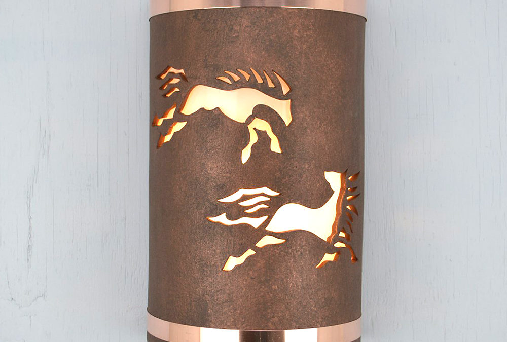Wall Light-Wild Horses-Open Top Half Round-Antique Copper-Copper Bands-Indoor-Outdoor