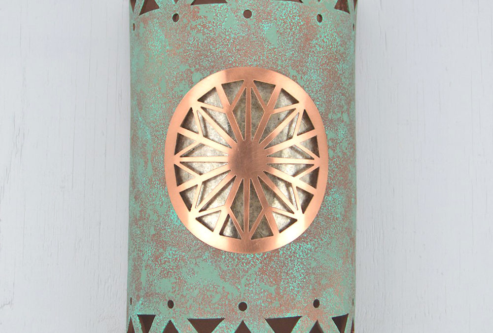 Wall Light-Dreamcatcher Copper Cover w/Tribal Drum Border-Open Top Half Round-Raw Turquoise-Silver Mica-Indoor-Outdoor