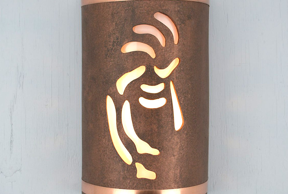 Wall Light-Kokopelli-Closed Top (Dark Sky) Half Round-Antique Copper-Raw Copper Bands-Indoor-Outdoor