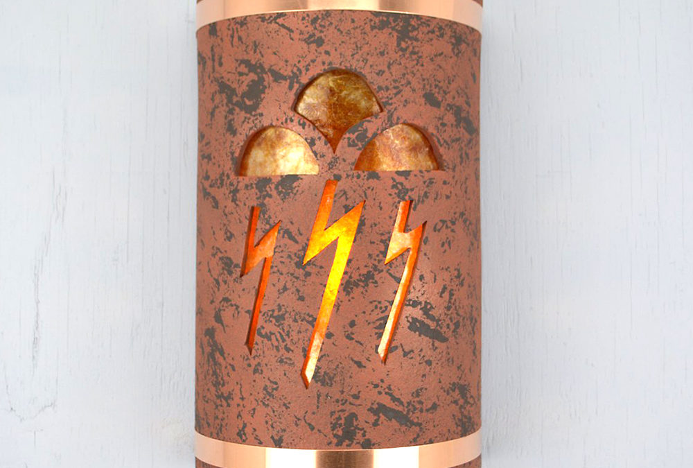 Wall Light-Storm Cloud-Closed Top (Dark Sky) Half Round-Copper Brick-Copper Bands-Amber MIca-Indoor-Outdoor