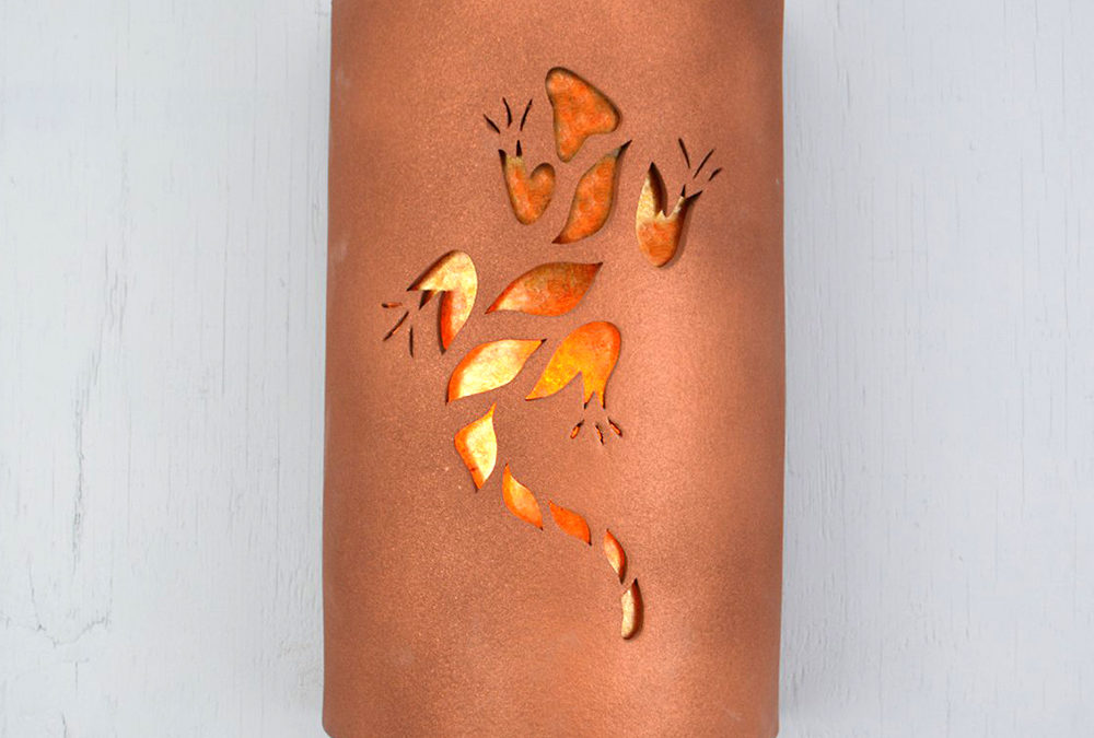 Wall Light-Lizard-Closed Top (Dark Sky) Half Round-Rusted Copper-Amber Mica Lens-Indoor-Outdoor