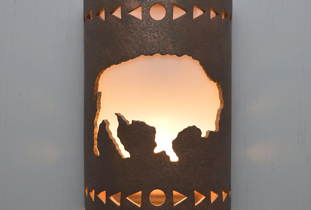 Wall Light-Buffalo w/Arrows Border-Open Top Half Round-Antique Bronze-Indoor-Outdoor
