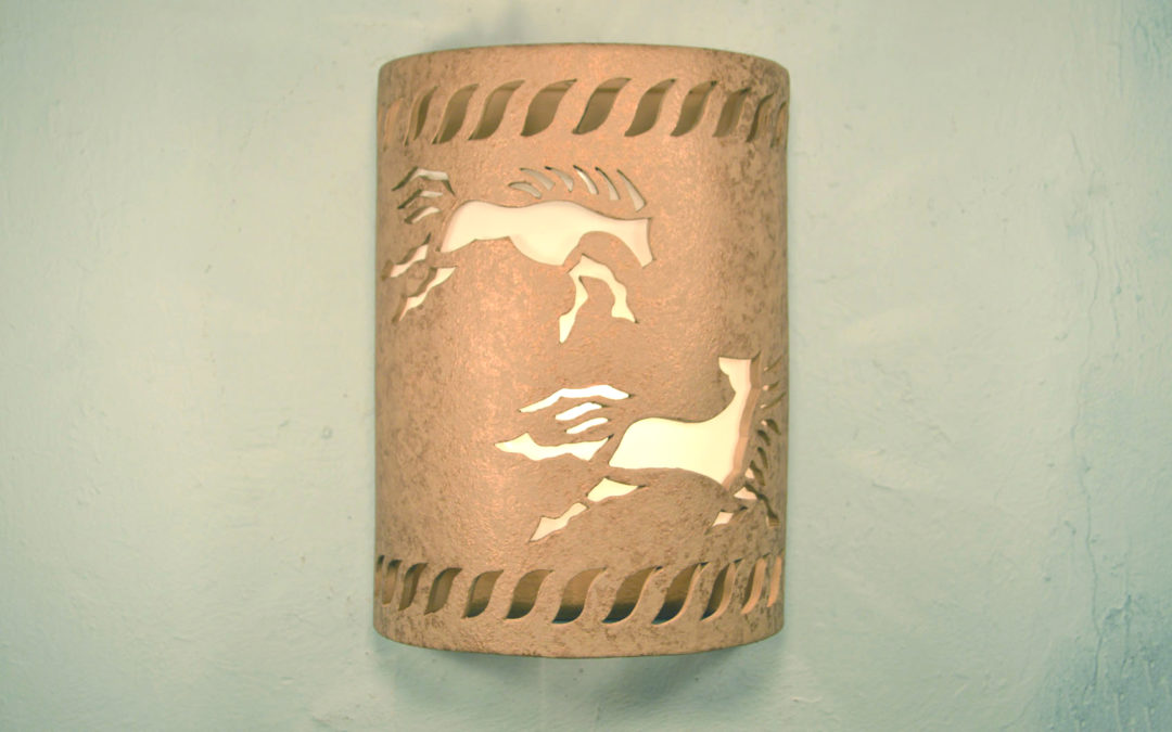 Wall Light-Wild Horses w/Rope Border-Open Top Half Round-Brown Mica-Indoor-Outdoor
