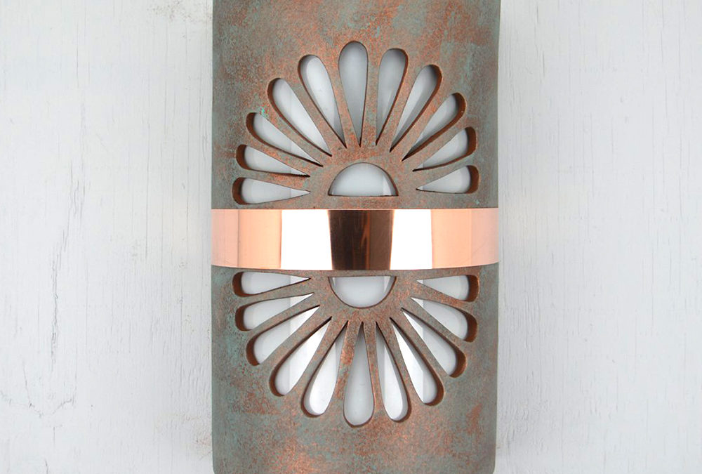 Wall Light-Double Fan-Closed Top (Dark Sky) Half Round-Copper Patina-Middle Raw Copper Band-Indoor/Outdoor