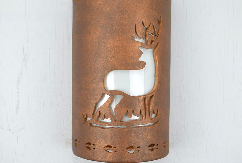 Wall Light-Deer w/Deer Tracks Borders-Open Top Half Round-Antique Bronze-Indoor-Outdoor