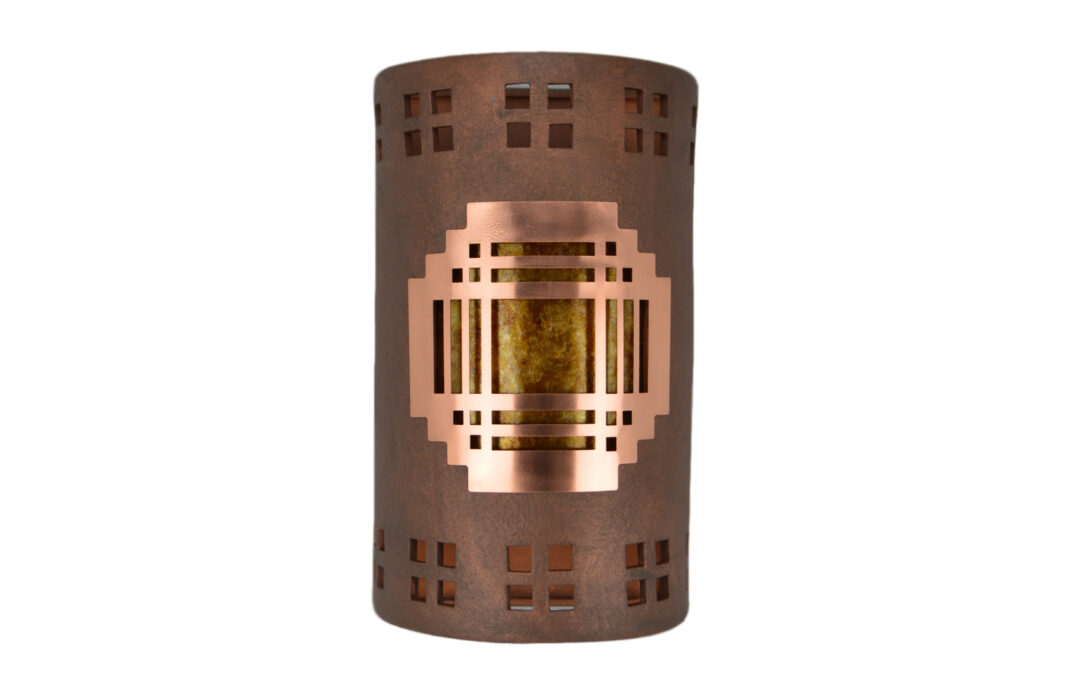 Wall Light-Southwestern Mission Copper Cover w/ Windows Border-Open Top Half Round-Amber Mica-Antique Copper-Indoor-Outdoor