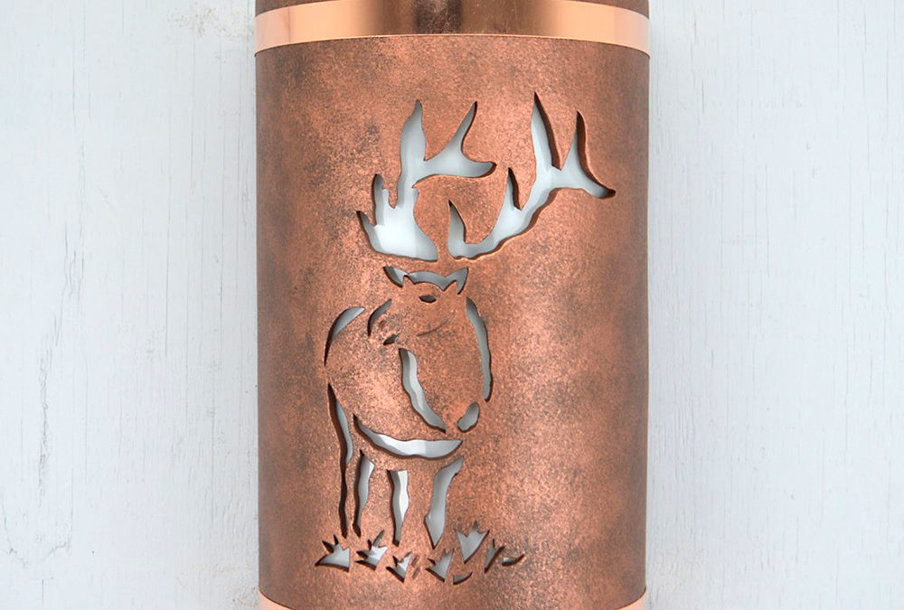 Wall Light-Center Elk-Open Top Half Round-Antique Copper-Raw Copper Bands-Indoor-Outdoor