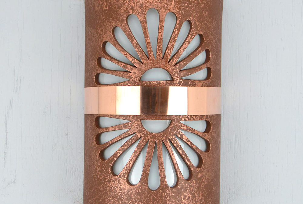 Wall Light-Double Fan-Open Top Half Round-Rust Mica-Middle Raw Copper Band-Indoor-Outdoor