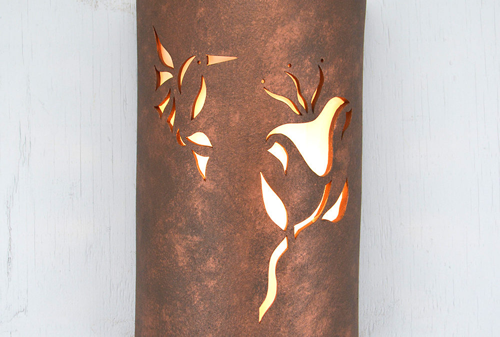 Wall Light-Hummingbird and Trumpet-Open Top Half Round-Antique Copper-Indoor-Outdoor