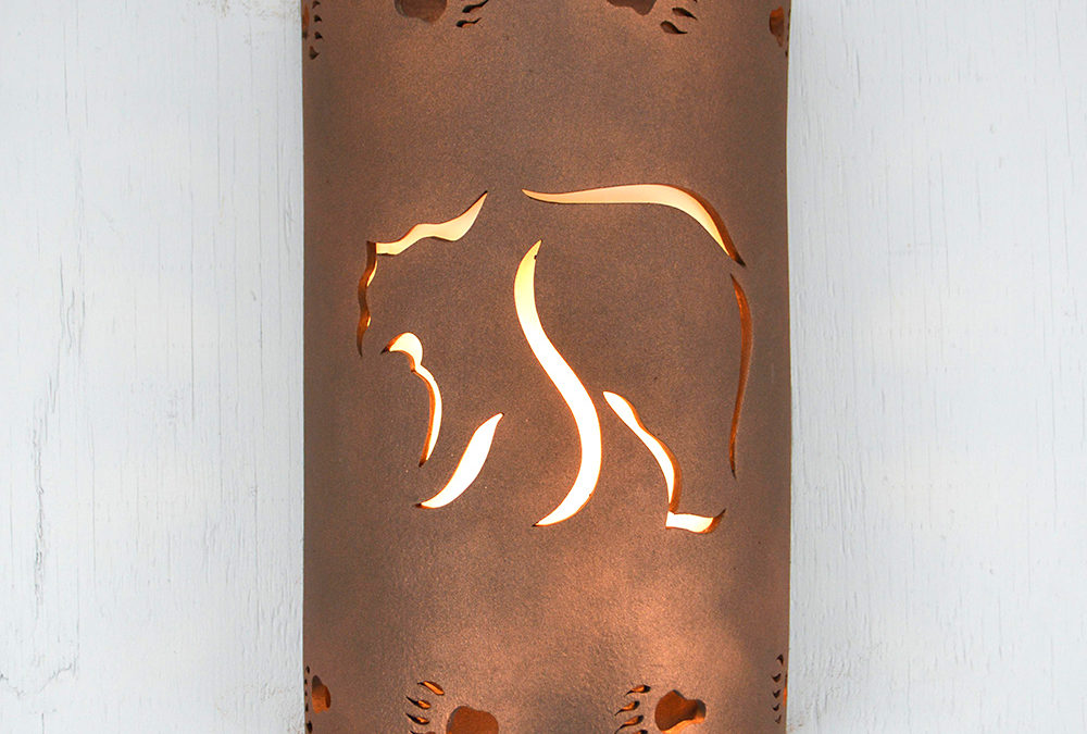 Wall Light-Mountain Bear w/Bear Tracks Border-Open Top Half Round-Iron Oxide-Indoor-Outdoor