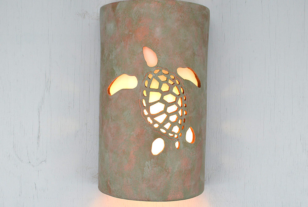 Wall Light-Ocean Turtle (Left Facing)-Open Top Half Round-Oak Moss-Indoor-Outdoor