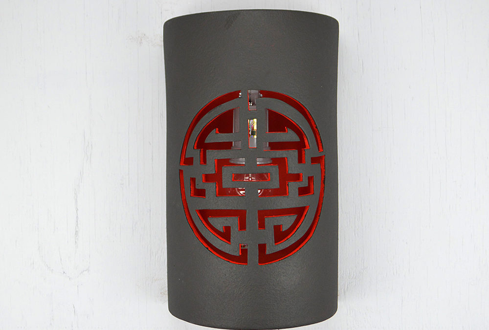 Wall Light-Shoji-Open Top Half Round-Black Suede-Asian Red Inside-Indoor-Outdoor