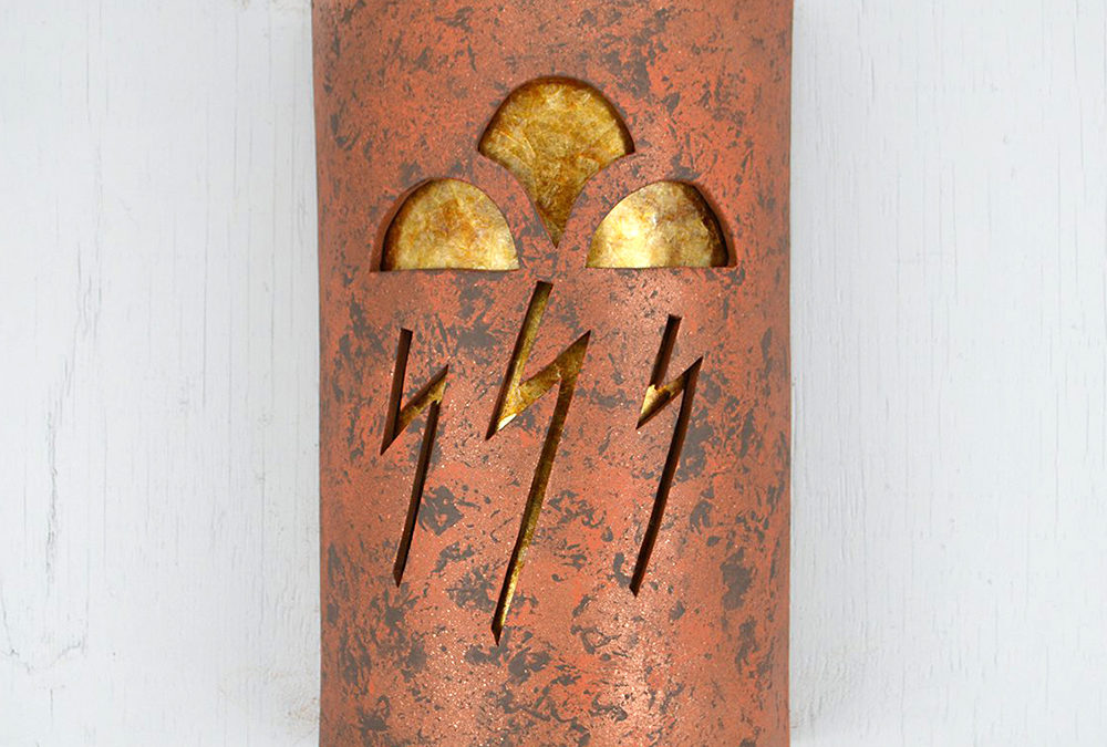 Wall Light-Storm Cloud-Open Top Half Round-Copper Brick-Amber Mica lens-Indoor-Outdoor