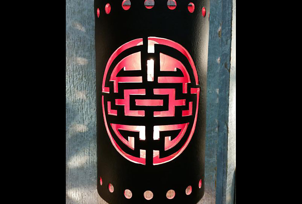 Wall Light-Shoji w/Circle Border-Open Top Half Round-Asian Red Inside-Black Suede-Dbl Interior-Inside Only