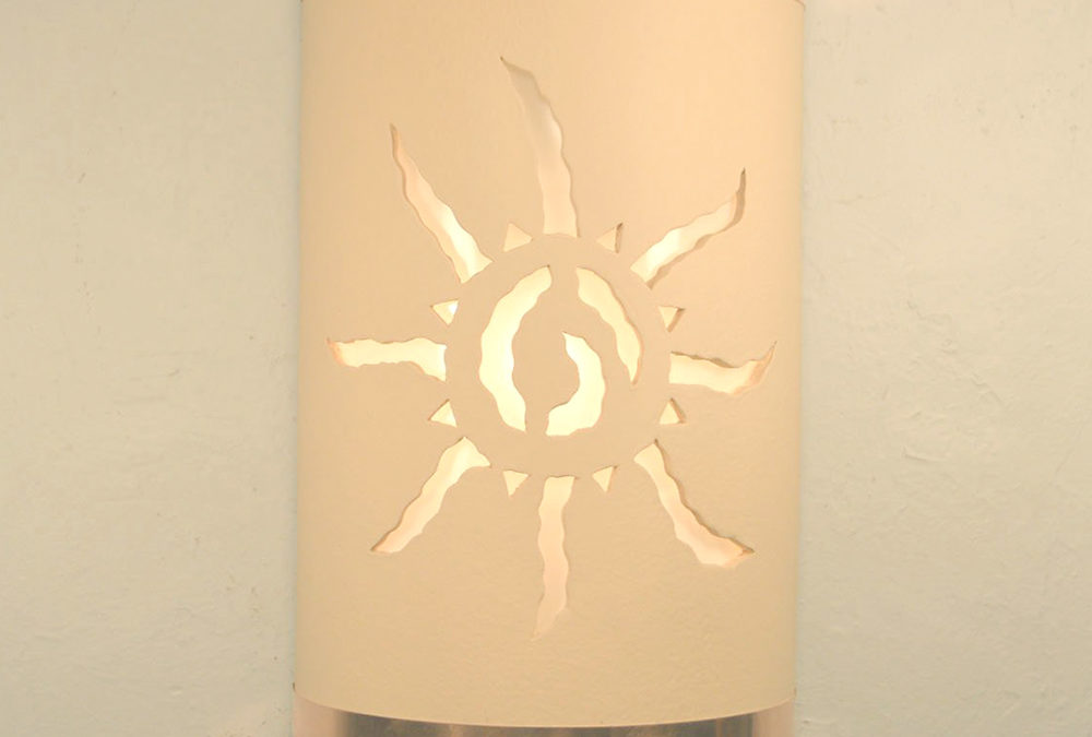 Wall Light-Ancient Sun w/Raw Copper Bands-Open Top Half Round-Tan-Indoor-Outdoor