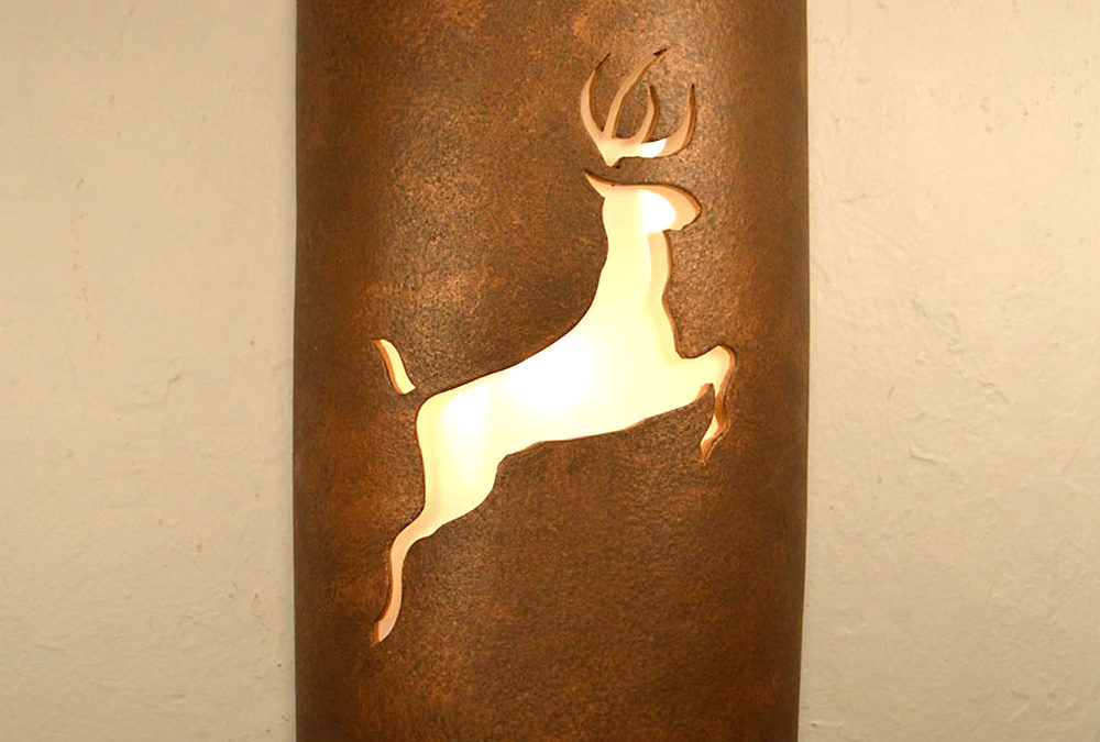 Wall Light-Leaping Deer-Open Top Half Round-Antique Copper-Indoor-Outdoor