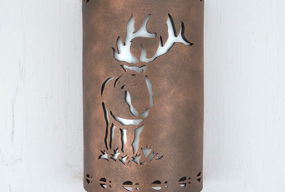 Wall Light-Center Elk w/Elk Tracks Borders-Open Top Half Round-Iron Oxide-Indoor-Outdoor