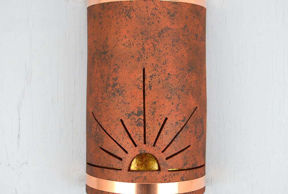 Wall Light-Sunrise-Closed Top (Dark Sky) Half Round-Copper Brick-Raw Copper Bands-Amber Mica-Indoor-Outdoor