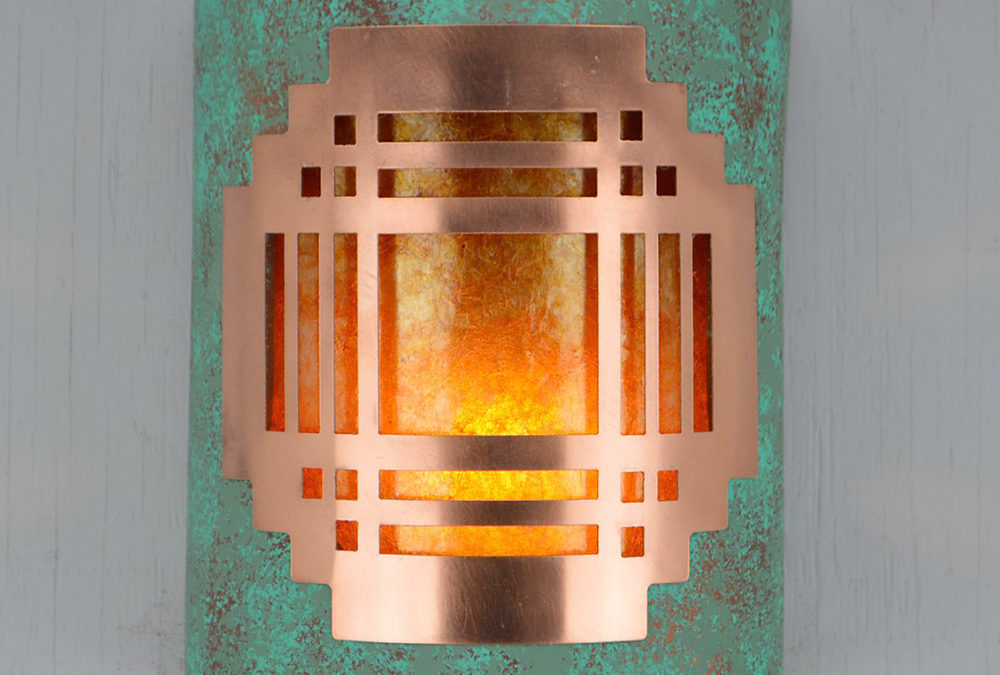 Wall Light-Mission Copper Cover-Closed Top (Dark Sky) Half Round-Raw Turquoise-Amber Mica-Indoor-Outdoor