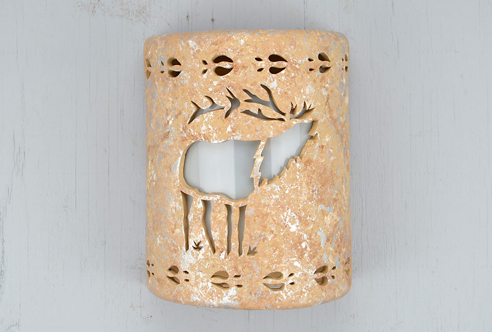 Wall Light-Elk Bugel w/Elk Tracks Borders-Closed Top Half Round-Silver Rocky Road-Indoor-Outdoor