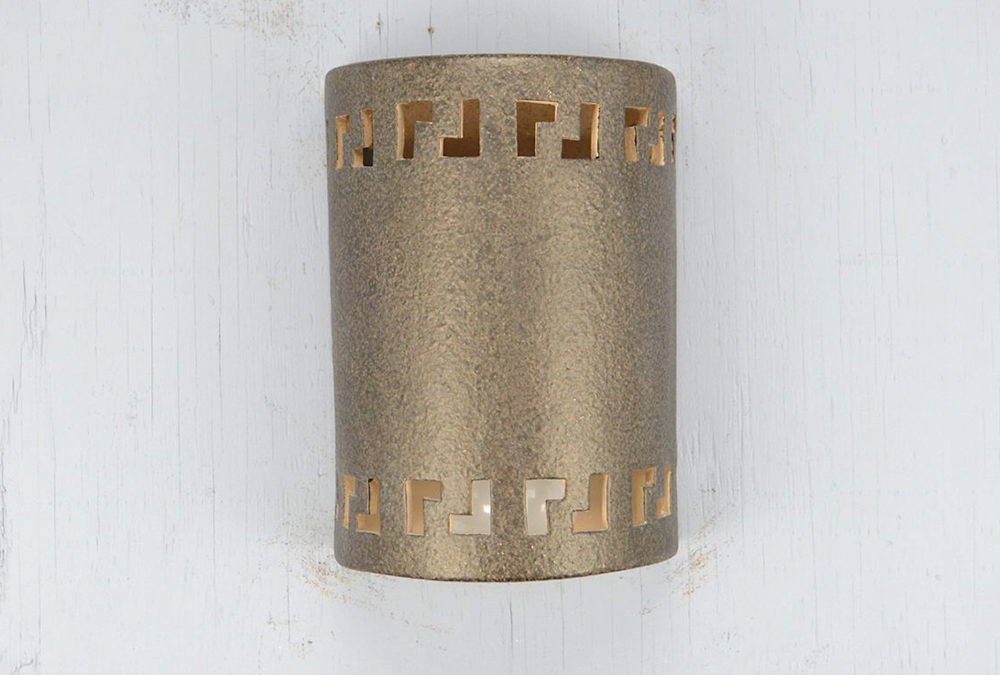 Wall Light-Greek Key-Closed Top (Dark Sky) Half Round-Tan Haze-Indoor-Outdoor