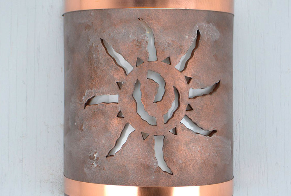 Wall Light-Ancient Sun-Open Top Half Round-Copper Wash-Raw Copper Bands-Indoor-Outdoor