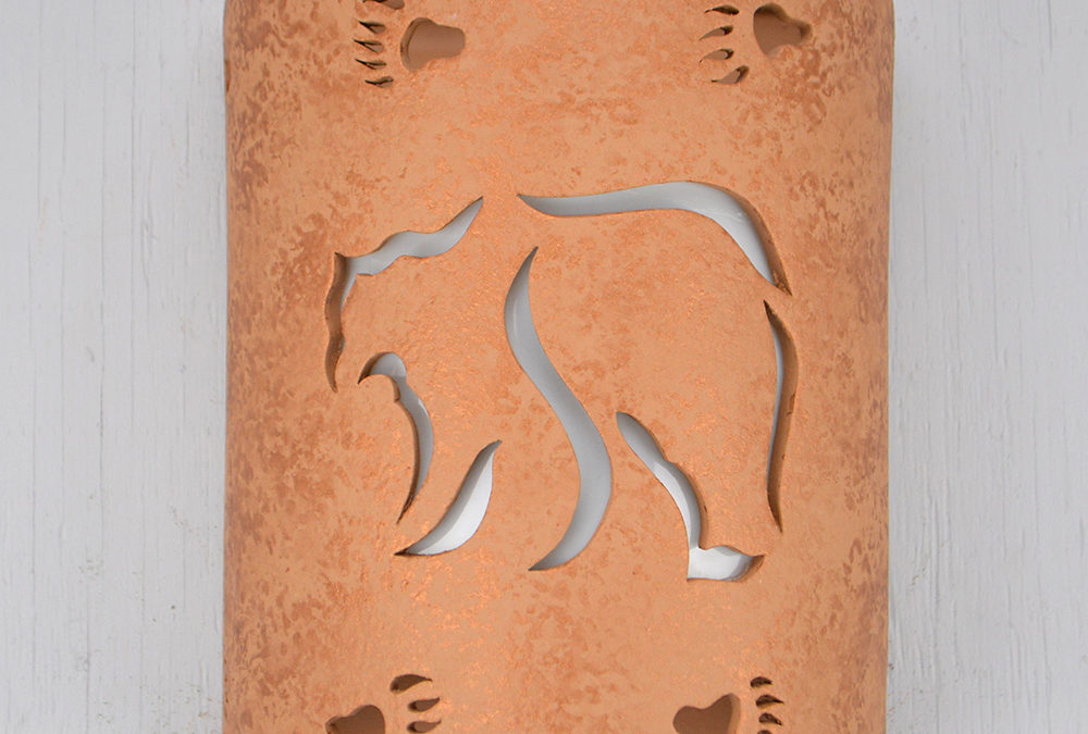 Wall Light-Mountain Bear w/Bear Tracks Border-Open Top Half Round-Brown Mica-Indoor-Outdoor