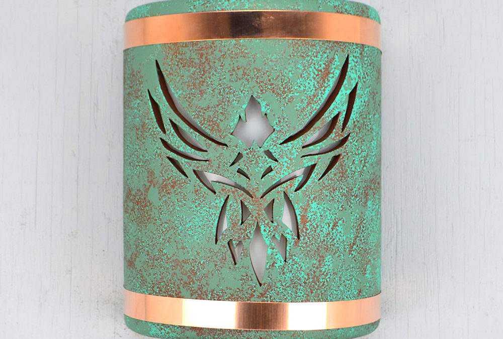 Wall Light-Phoenix-Open Top Half Round-Raw Turquoise- Raw Copper Bands-Indoor-Outdoor-