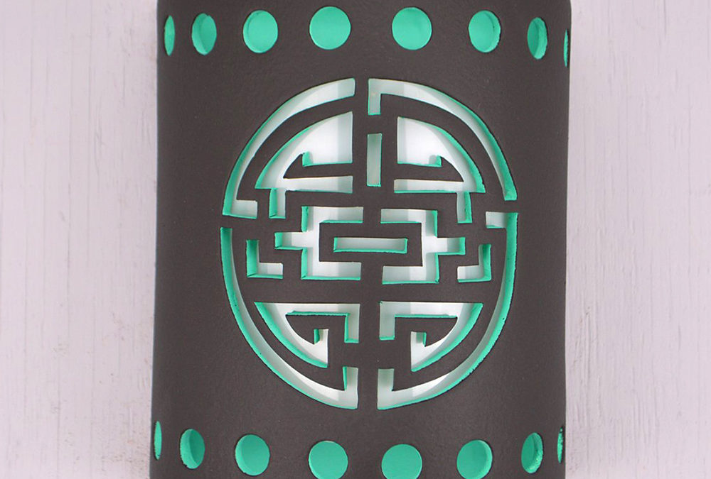 Wall Light-Shoji w/Circle Borders-Open Top Half Round-Black-Turquoise Inside-Indoor-Outdoor