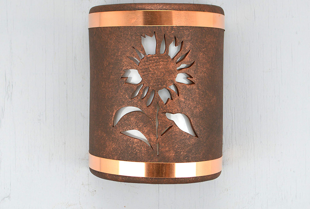 Wall Light-Sunflower-Open Top Half Round-Antique Copper-Raw Copper Bands-Indoor-Outdoor