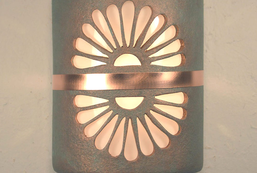 Wall Light-Double Fan w/Middle Brushed and Sealed Copper Band-Open Top Half Round-Copper Patina-Indoor-Outdoor