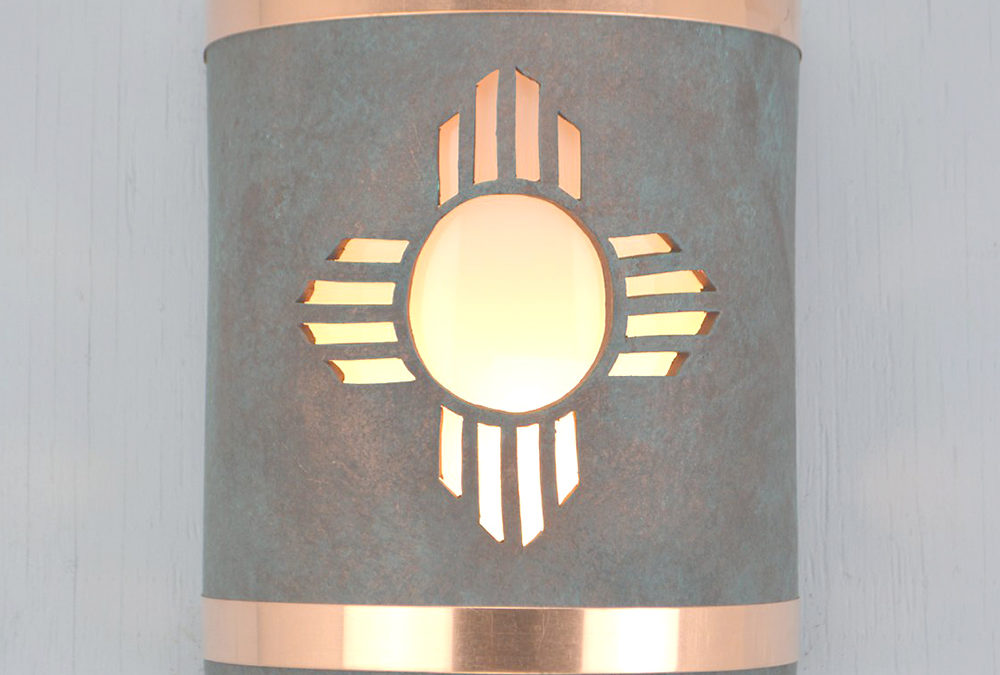 Wall Light-Plain Kachina (4 pt)-Open Top Half Round-Copper Patina-Raw Copper Bands-Indoor-Outdoor