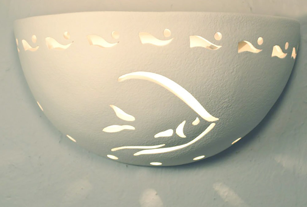 Angel Fish w/Waves Border on a Small Bowl Sconce-White-Indoor Uplight