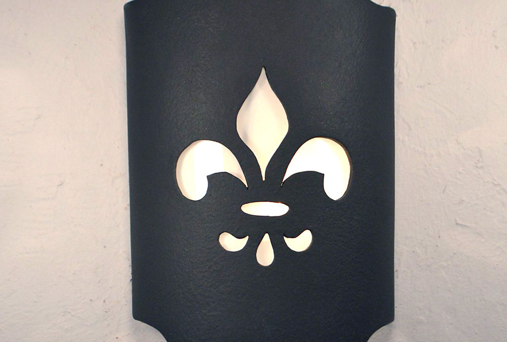 Wall Light-Fleur de Lis on a Arched Handcut Half Round-Black Suede-Indoor-Outdoor