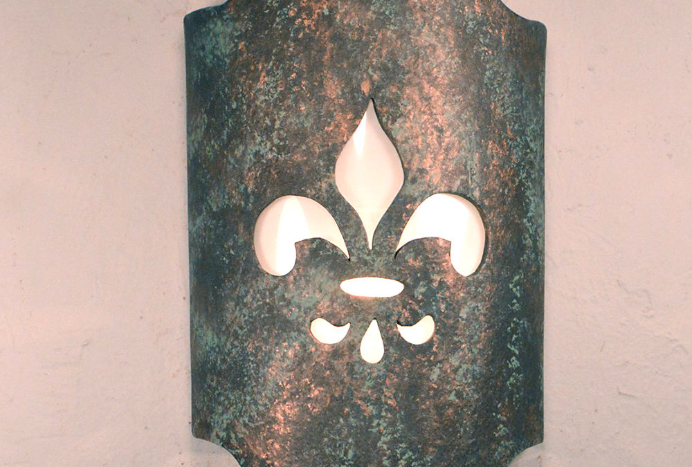 Wall Light-Fleur de Lis on a Arched Handcut Half Round-Copper Moss Agate Copper-Indoor-Outdoor