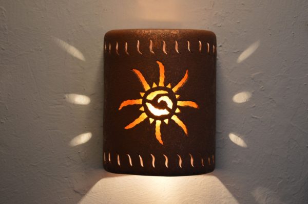 9” Open Top - Ancient Sun Design w/Wind Border Design and Amber Mica Lens, in Rust Mica color - Indoor/Outdoor
