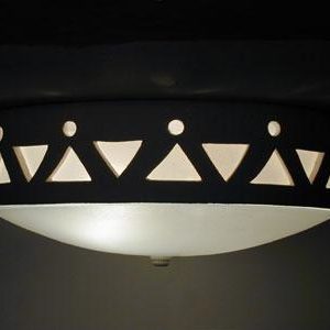 Flush Mount Ceiling Fixture w/Tribal Drum Border Design, in Tan color