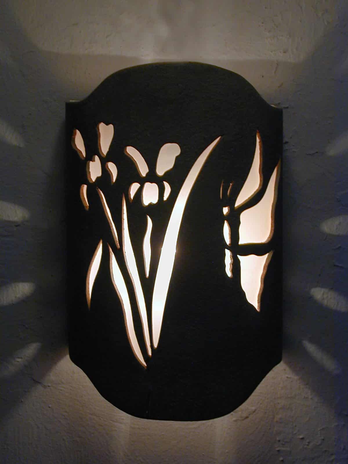 Butterfly & Iris on a Arched Handcut Wall Sconce-Oak Moss-Indoor-Outdoor
