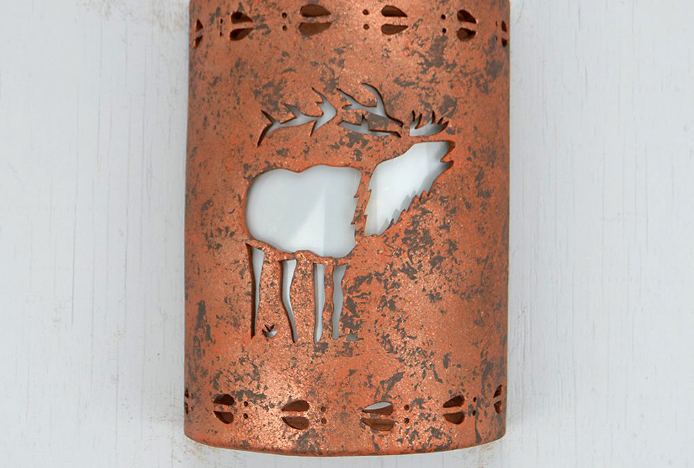 Wall Light-Elk Bugle w/Elk Tracks Border-Low Profile (ADA) Open Top Half Round-Indoor-Outdoor