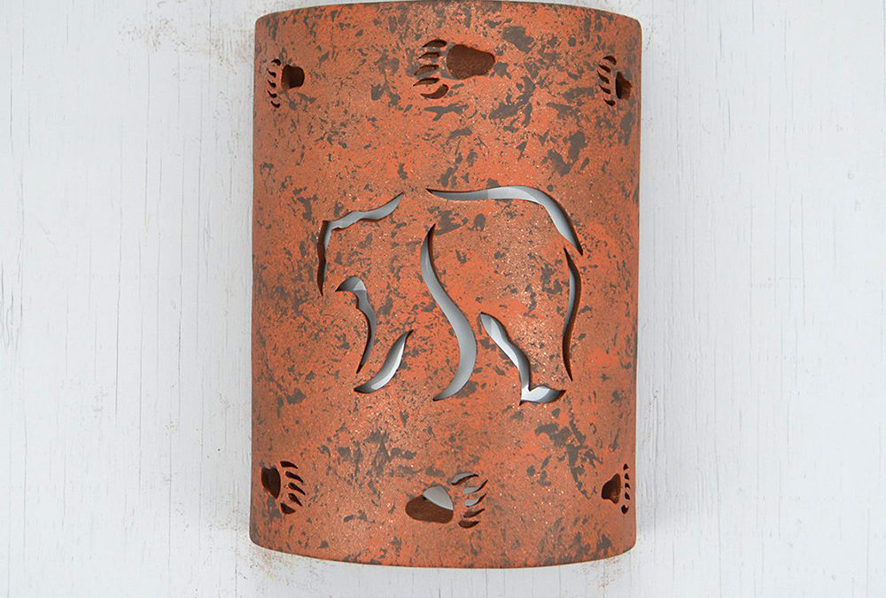 Wall Light-Mountain Bear w/Bear Paws Border-Low Profile (ADA) Open Top Half Round-Copper Brick-Indoor-Outdoor