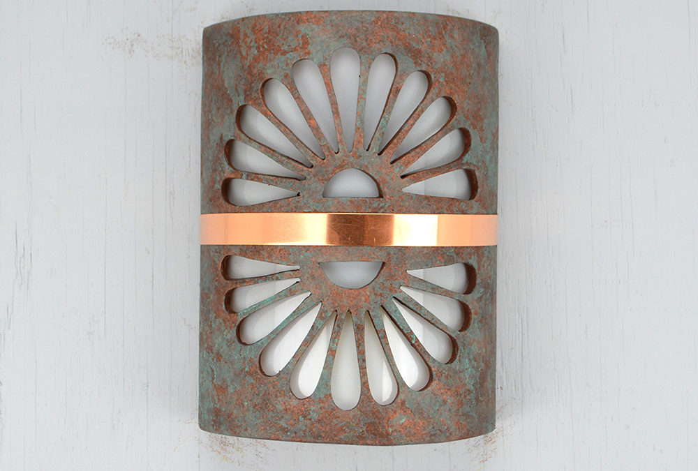 Wall Light-Double Fan-Low Profile (ADA) Closed Top Half Round- Copper Patina-Middle Raw Copper Band-Indoor-Outdoor