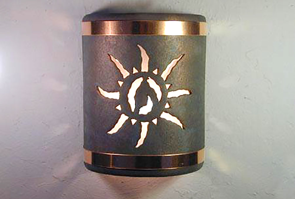 Wall Light-Ancient Sun-Open Top Half Round-Copper Patina-Raw Copper Bands-Indoor-Outdoor