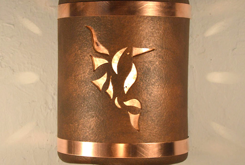 Wall Light-Hummingbird-Open Top Half Round-Antique Copper-Raw Copper Bands-Silver Mica Lens-Indoor-Outdoor
