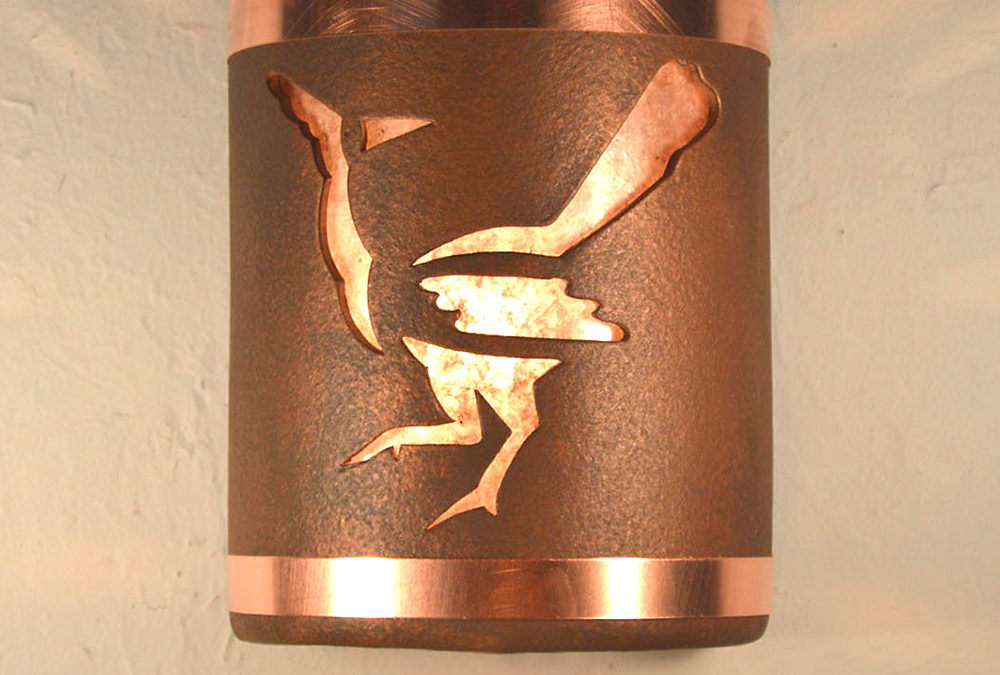 Wall Light-Roadrunner-Open Top Half Round-Antique Copper-Copper Bands-Silver Mica-Indoor-Outdoor