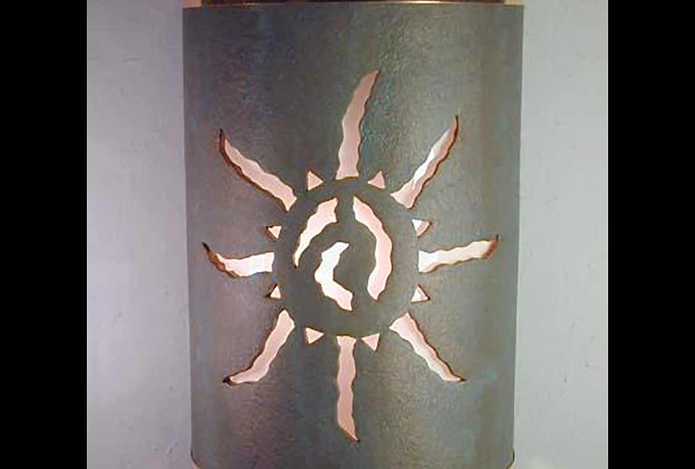 Wall Light-Ancient Sun-Open Top Half Round-Copper Patina-Raw Copper Bands-Indoor-Outdoor
