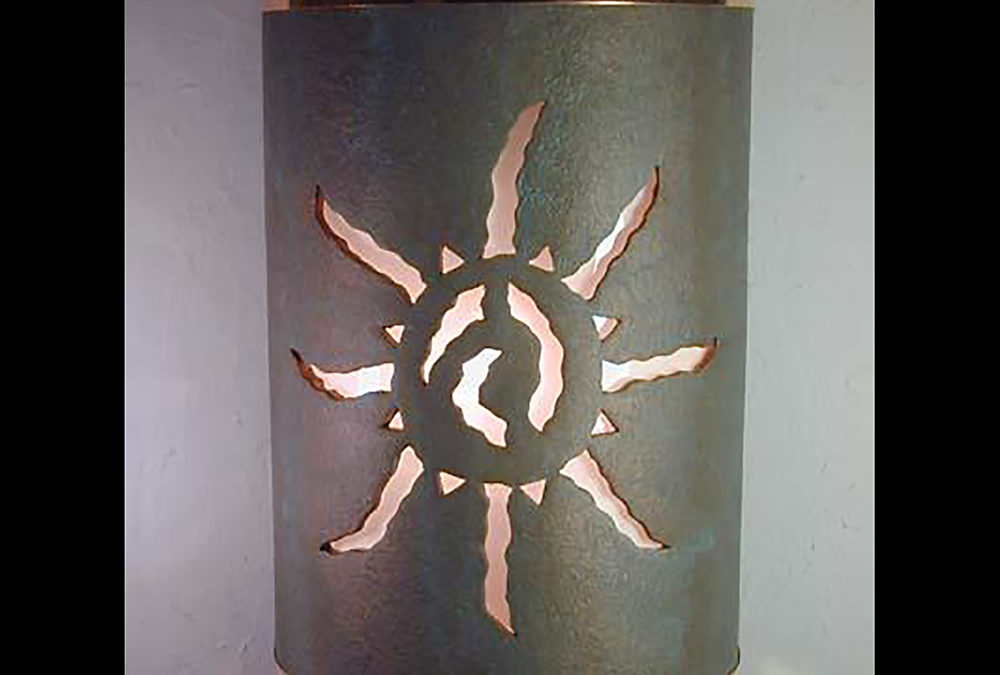 Wall Light-Ancient Sun-Open Top Half Round-Copper Patina-Raw Copper Bands-Indoor-Outdoor