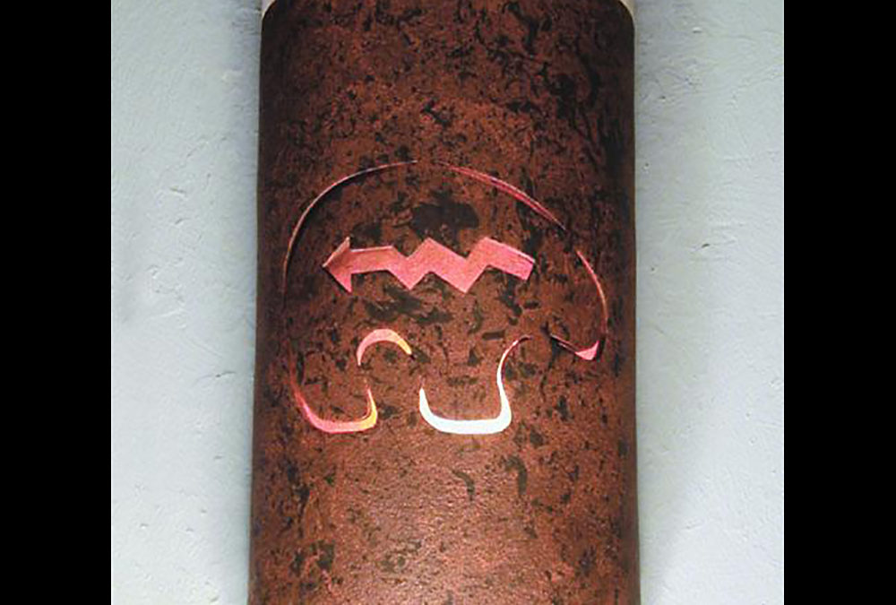 Wall Light-Spirit Bear-Open Top Half Round-Copper Brick-Copper Bands-Amber Mica-Outdoor-Indoor
